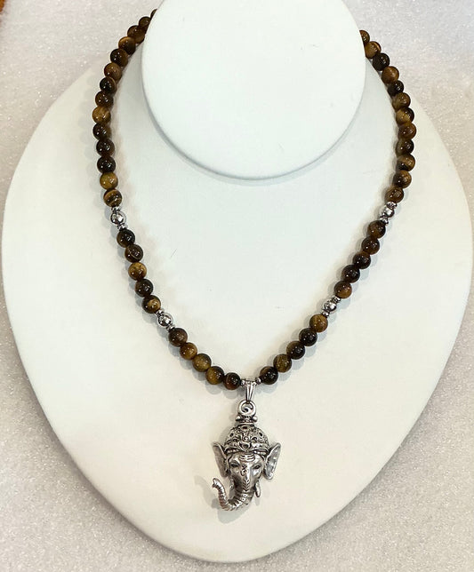 Tiger’s Eye Beaded Necklace with Ganesh Pendant