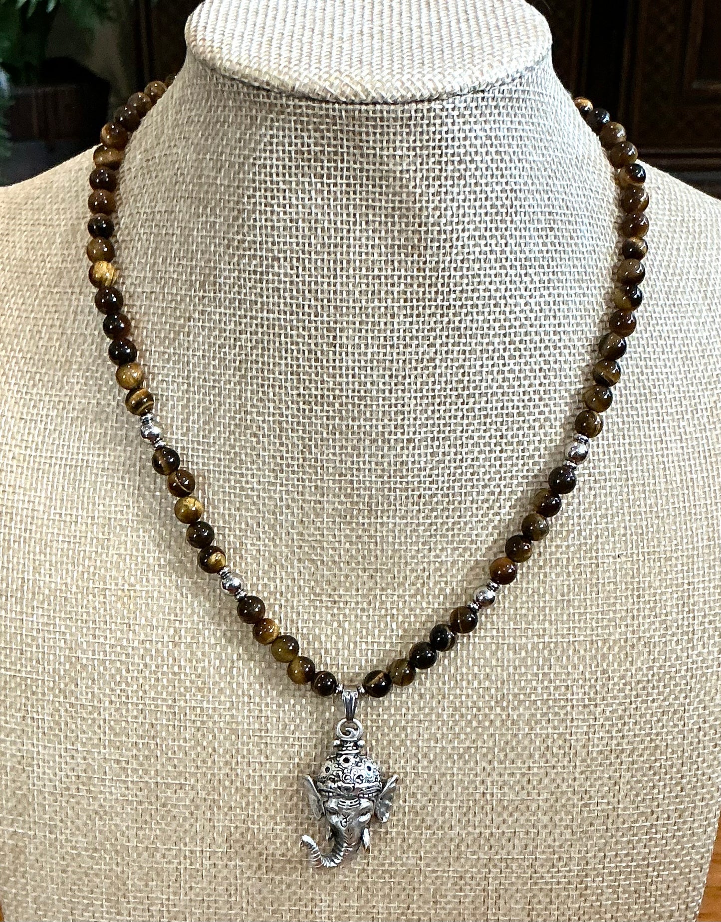 Tiger’s Eye Beaded Necklace with Ganesh Pendant