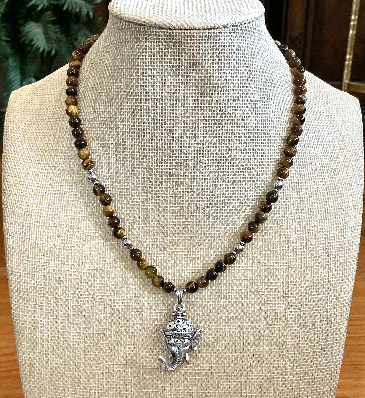 Tiger’s Eye Beaded Necklace with Ganesh Pendant