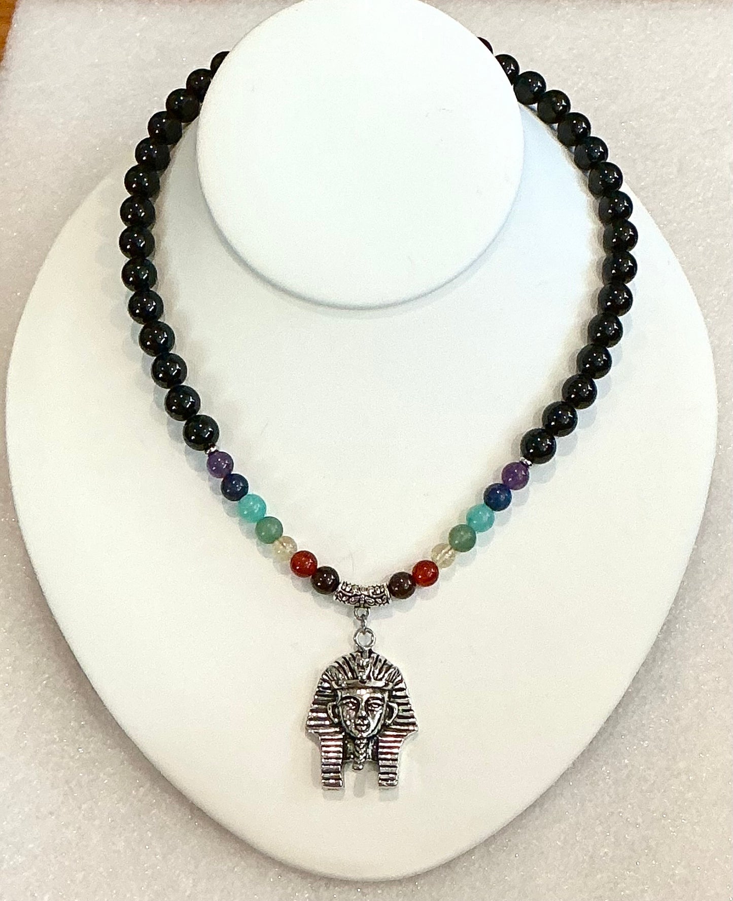 7 Chakra Beaded Necklace with Black Tourmaline & Kemetic Nswt (Pharaoh) Pendant