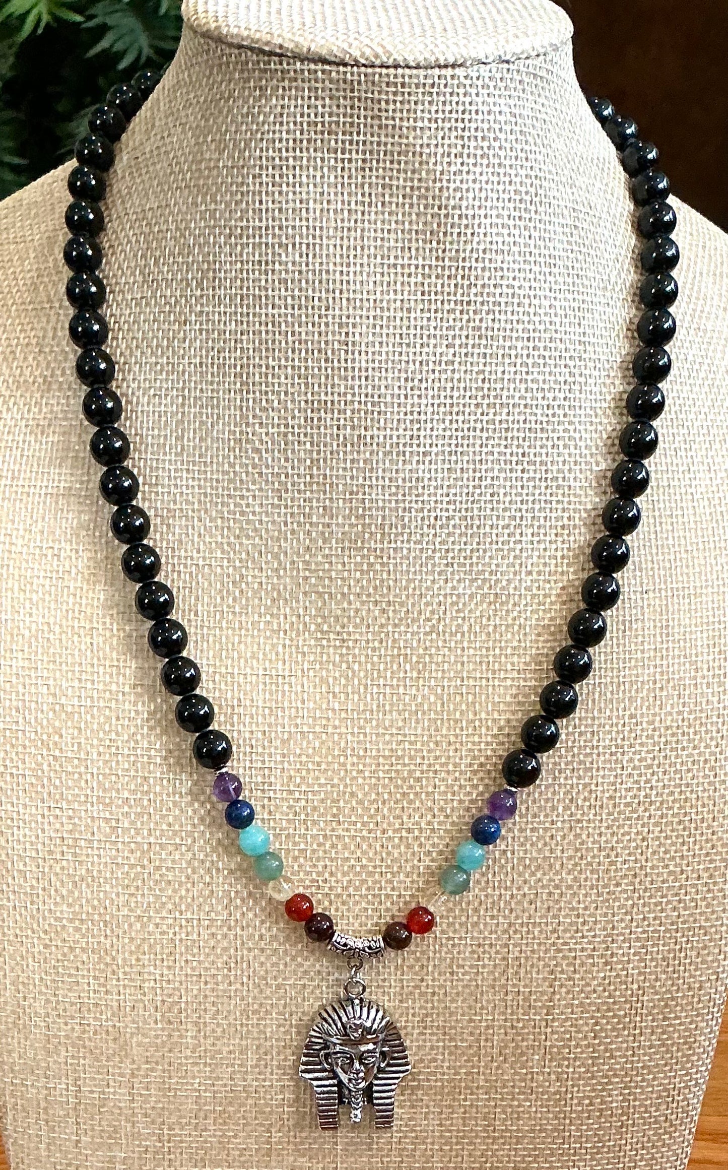 7 Chakra Beaded Necklace with Black Tourmaline & Kemetic Nswt (Pharaoh) Pendant