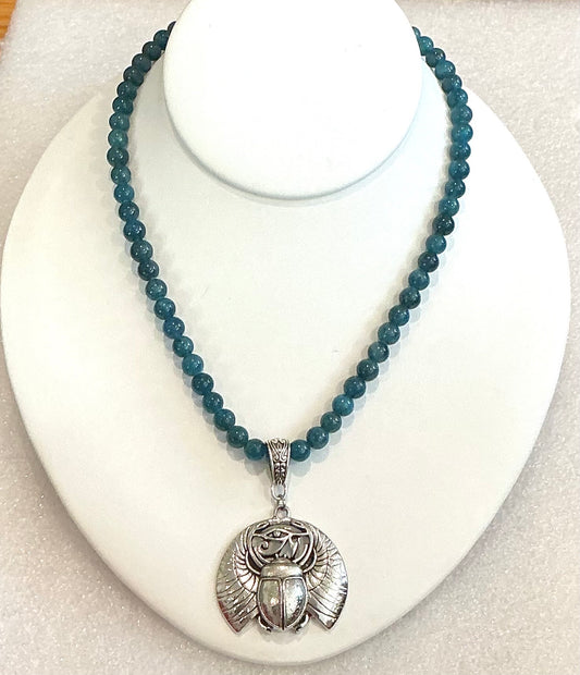 Blue Apatite Beaded Necklace with Winged Khper (Scarab)