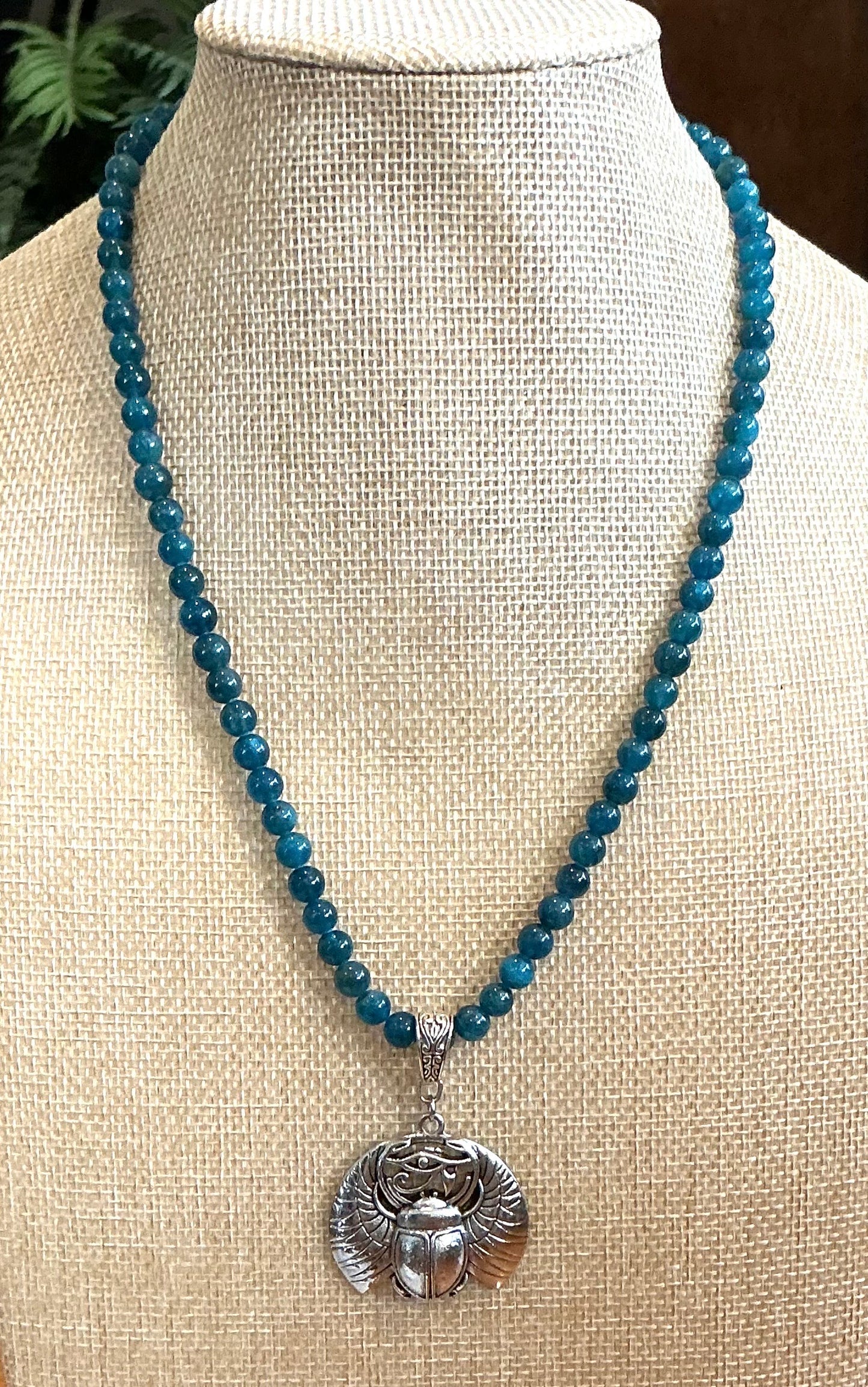 Blue Apatite Beaded Necklace with Winged Khper (Scarab)