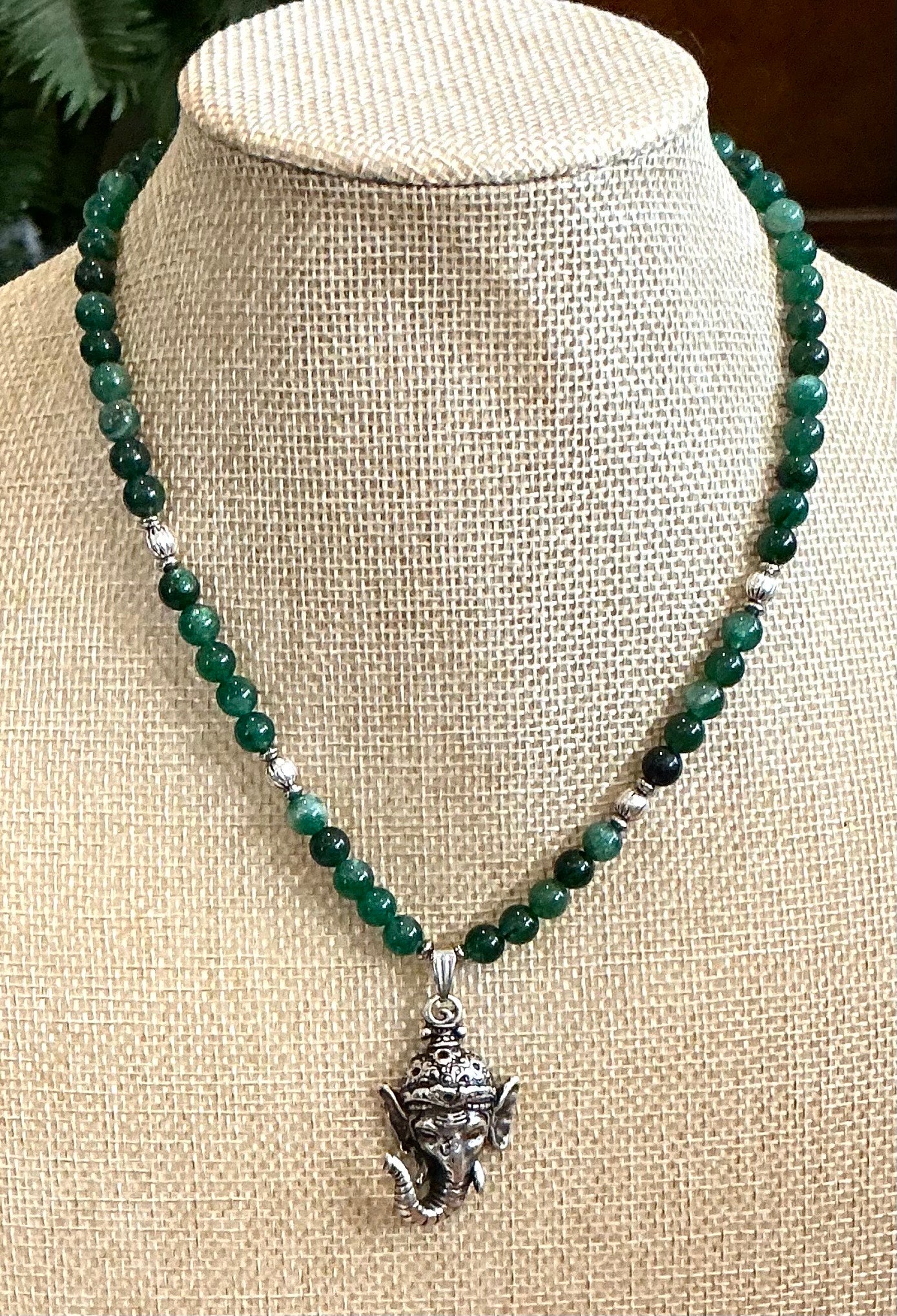 Green Mica Ganesh Necklace – Handmade Sacred Protection Jewelry