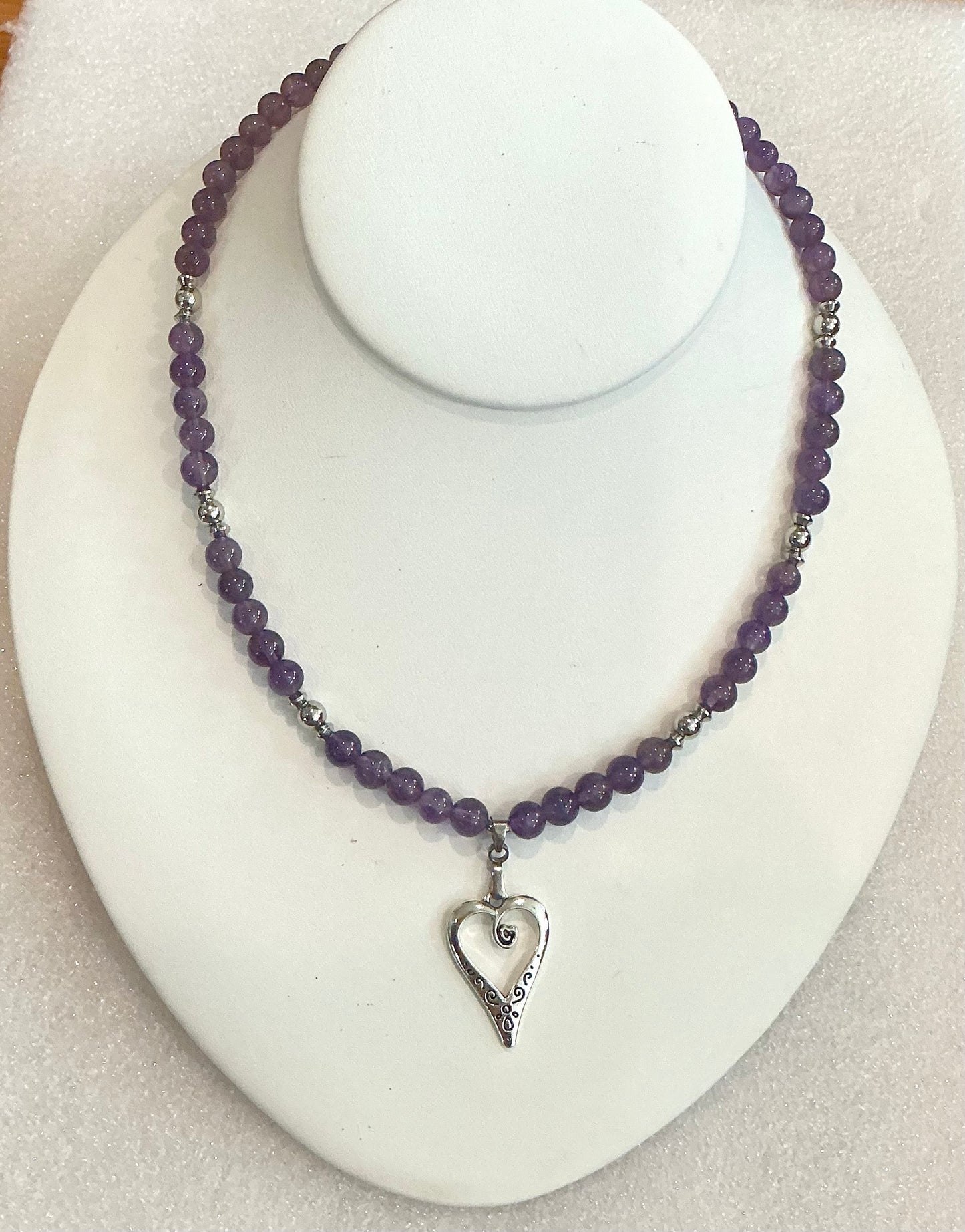 Amethyst Beaded Necklace with Heart Pendant