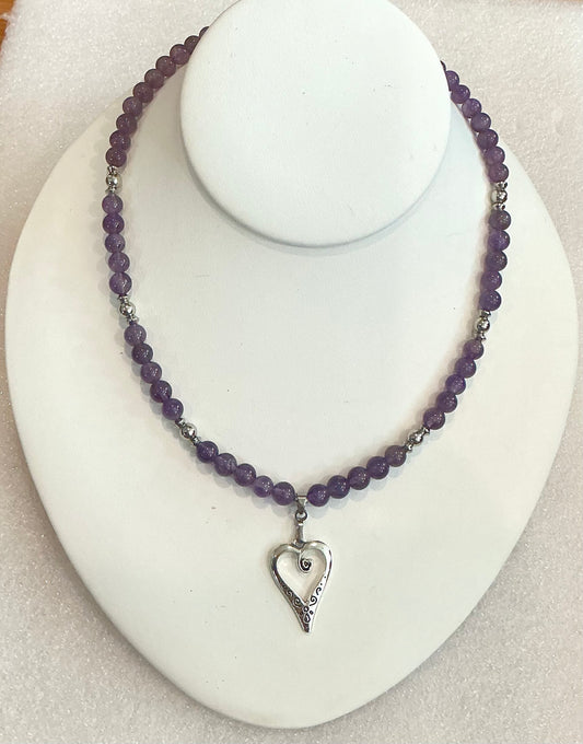 Amethyst Beaded Necklace with Heart Pendant