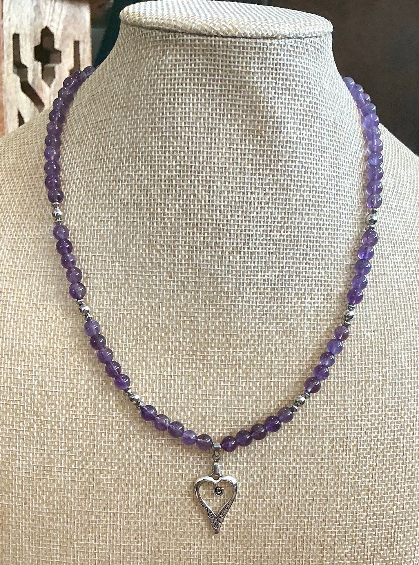 Amethyst Beaded Necklace with Heart Pendant