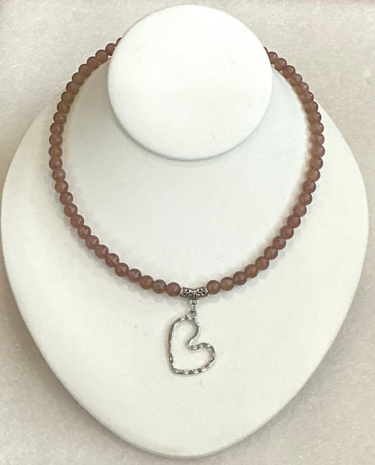 Strawberry Quartz Beaded Necklace with Heart Pendant