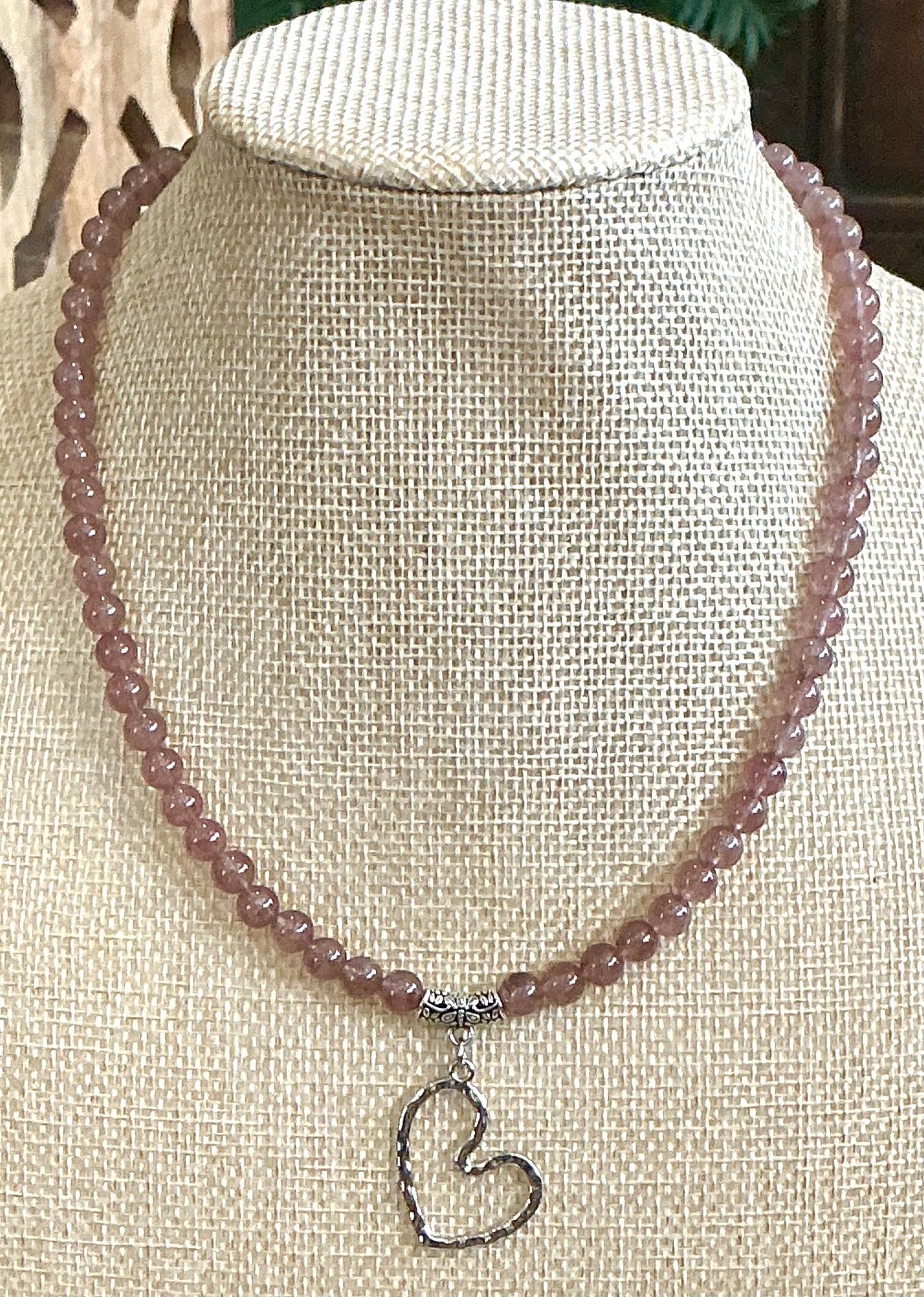 Strawberry Quartz Beaded Necklace with Heart Pendant