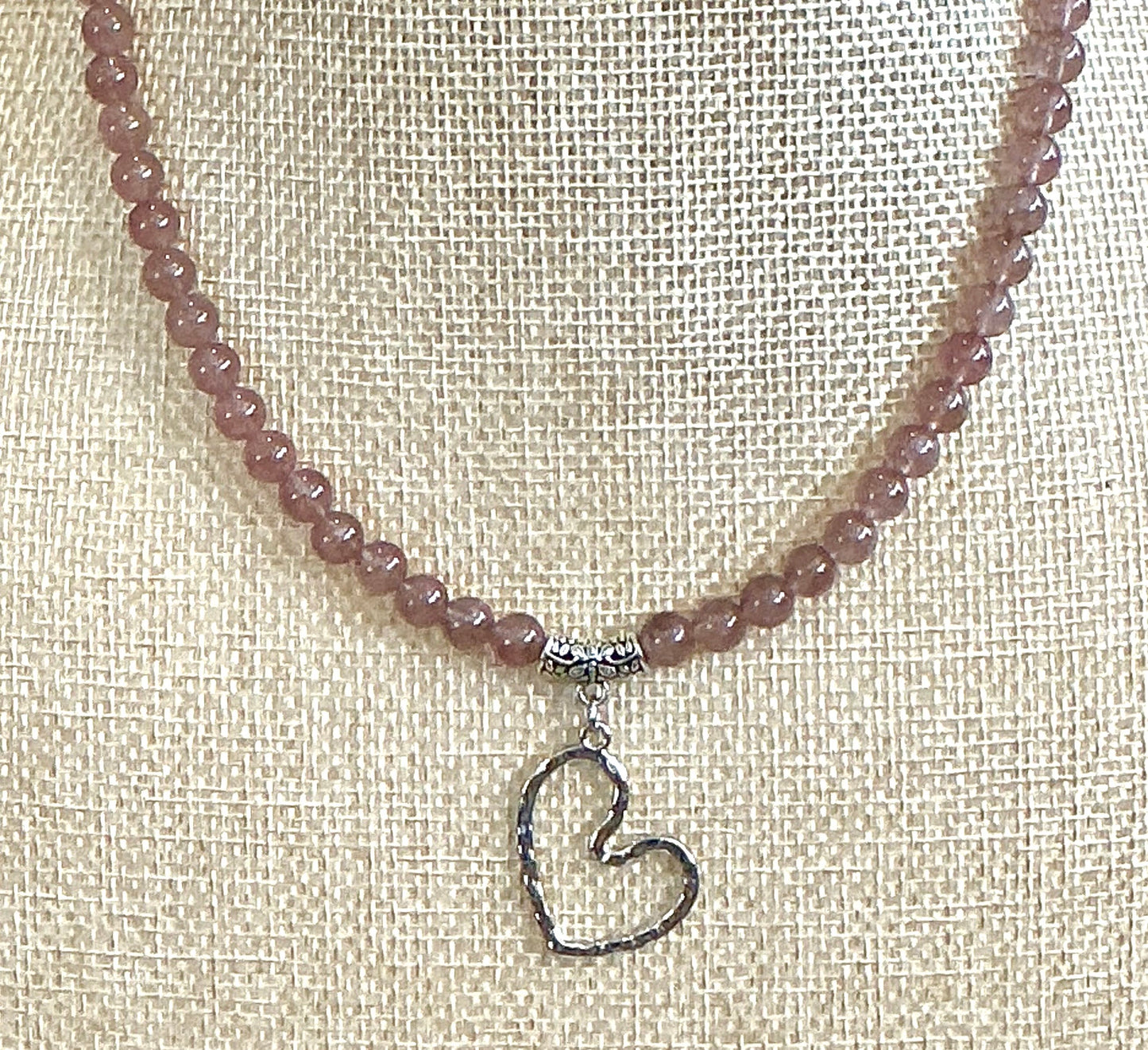 Strawberry Quartz Beaded Necklace with Heart Pendant