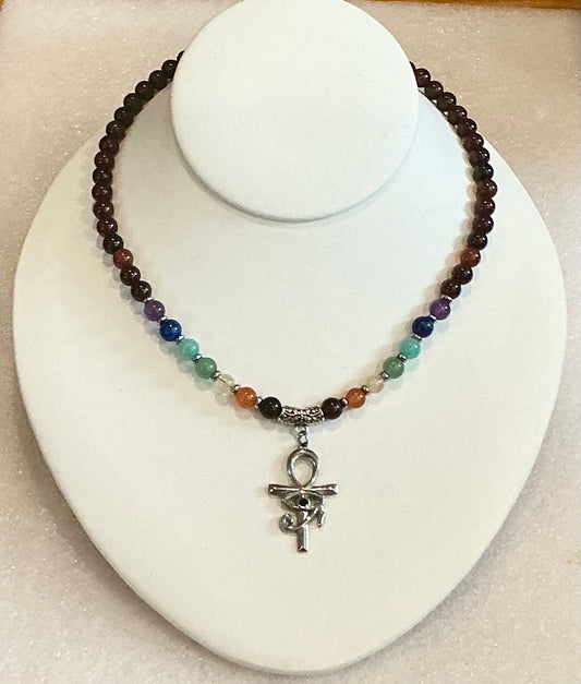 Garnet With 7 Chakra Ankh & Eye of Ra Hand Made Necklace