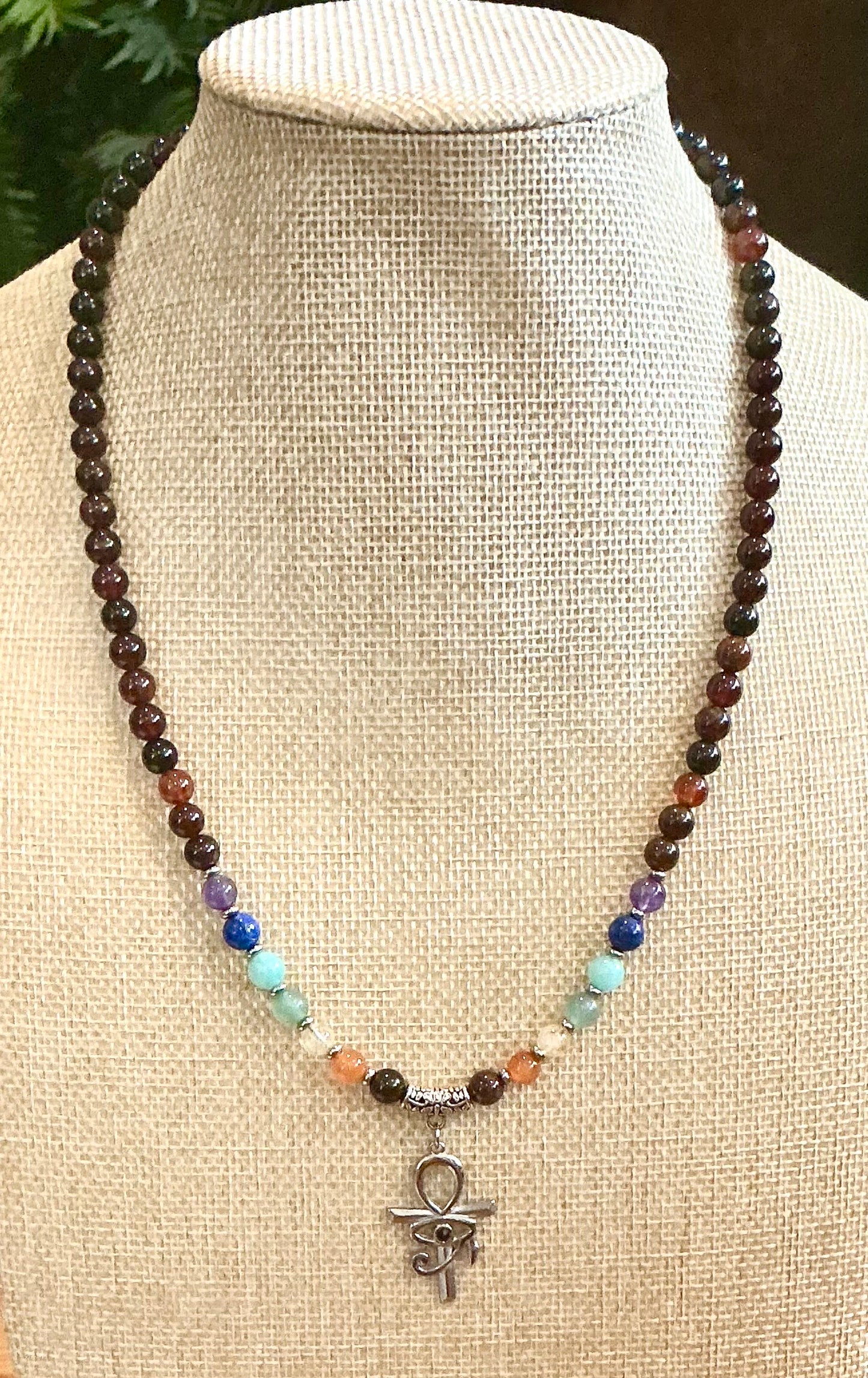 Garnet With 7 Chakra Ankh & Eye of Ra Hand Made Necklace