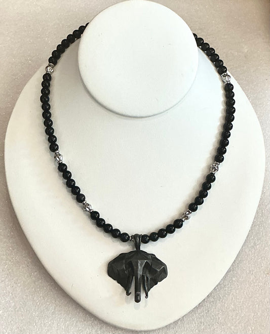 Obsidian Beaded Necklace with Elephant Pendant
