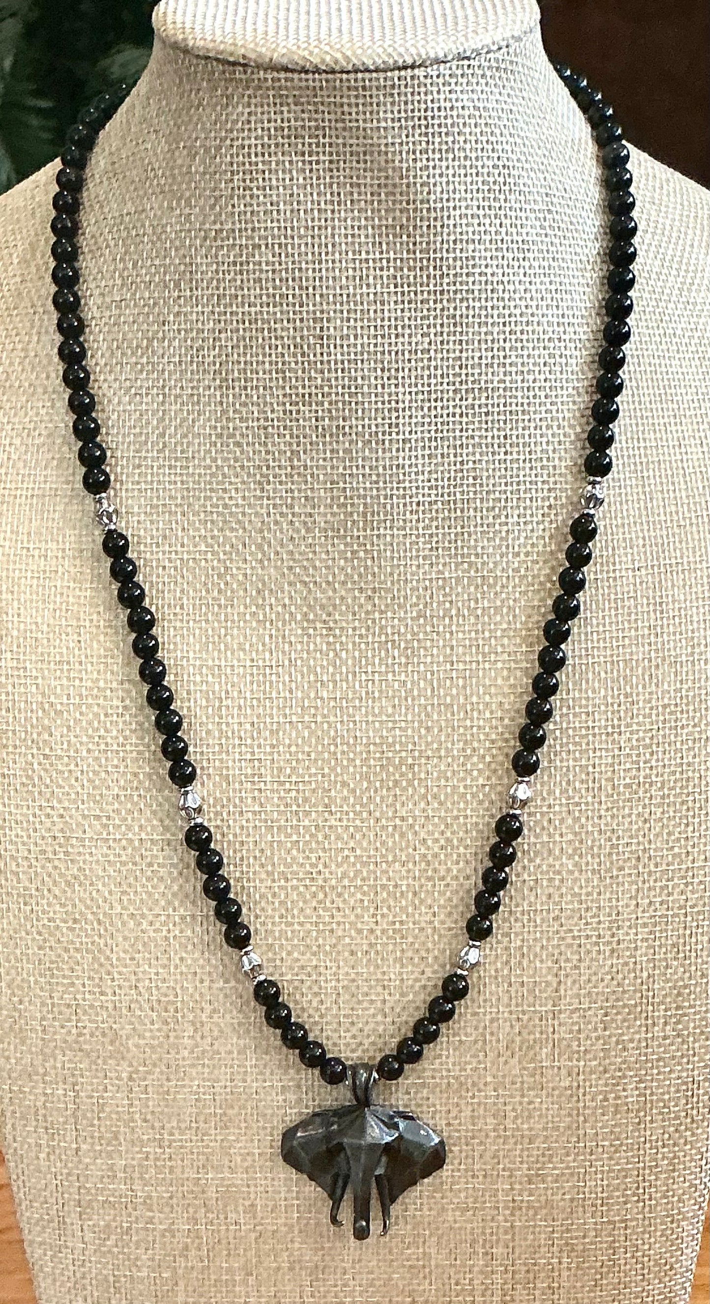Obsidian Beaded Necklace with Elephant Pendant