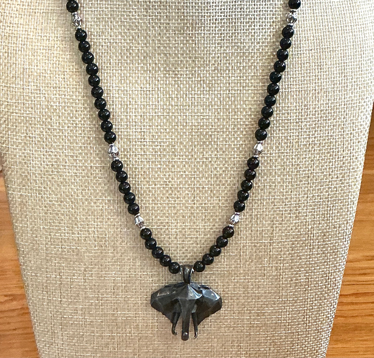Obsidian Beaded Necklace with Elephant Pendant