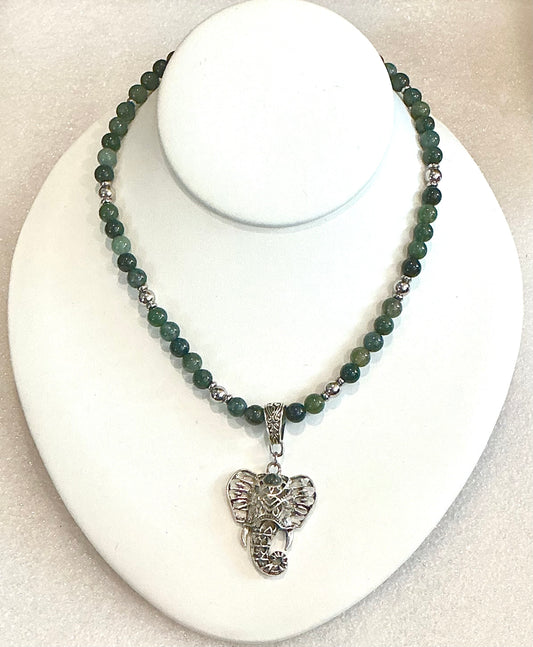 Moss Agate With Elephant Pendant Necklace