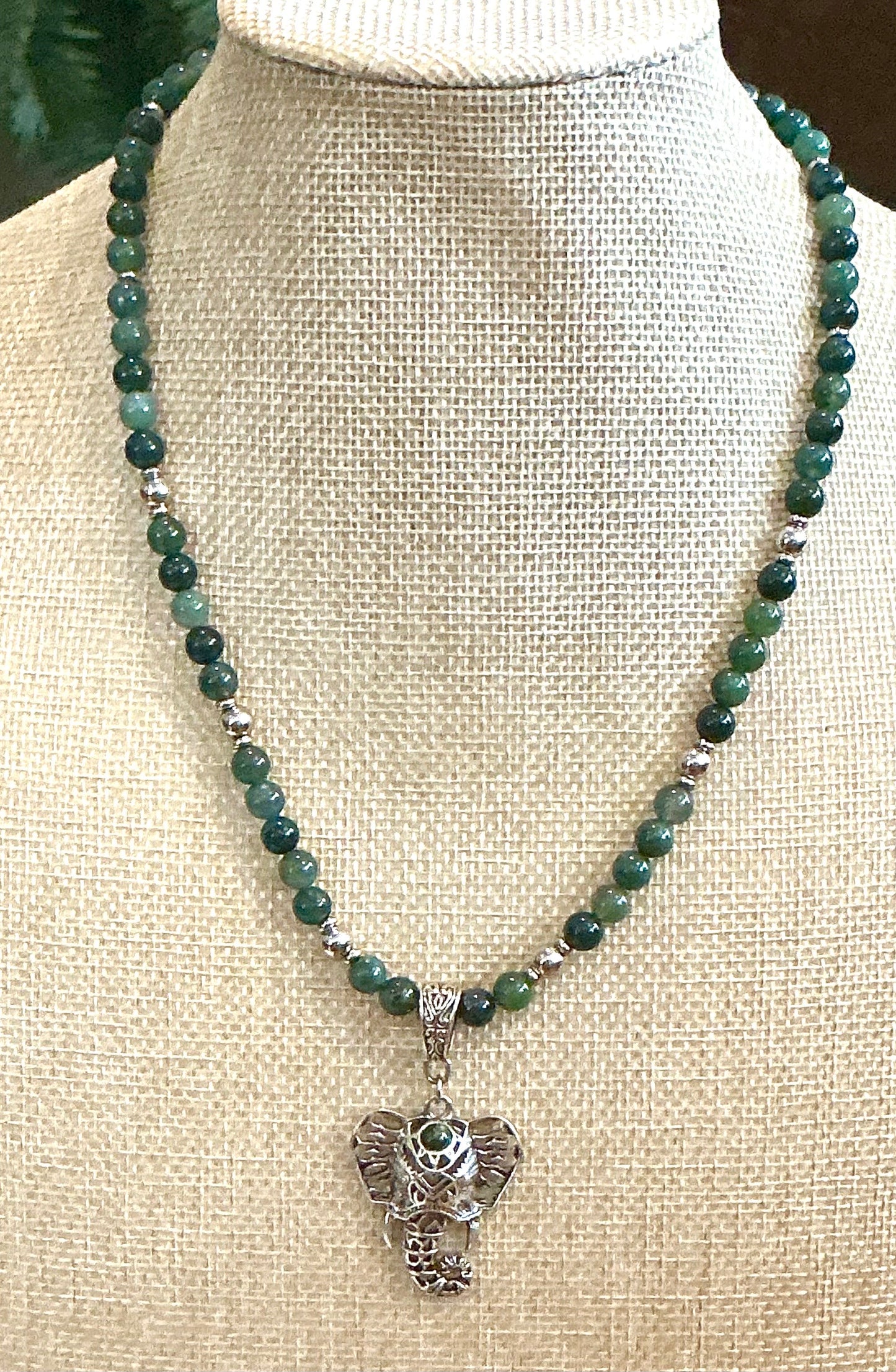 Moss Agate With Elephant Pendant Necklace