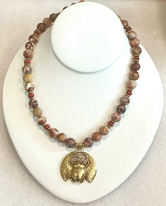 Red Creek Jasper Beaded Necklace with Winged Khper (Scarab)
