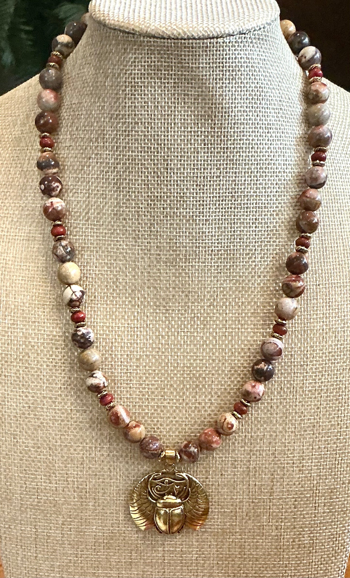 Red Creek Jasper Beaded Necklace with Winged Khper (Scarab)