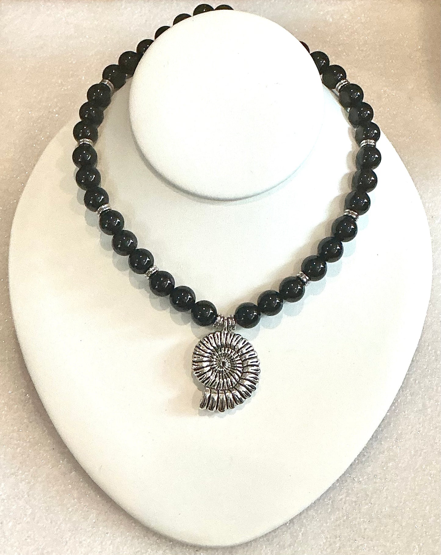 Obsidian Beaded Necklace with Nautilus Pendant