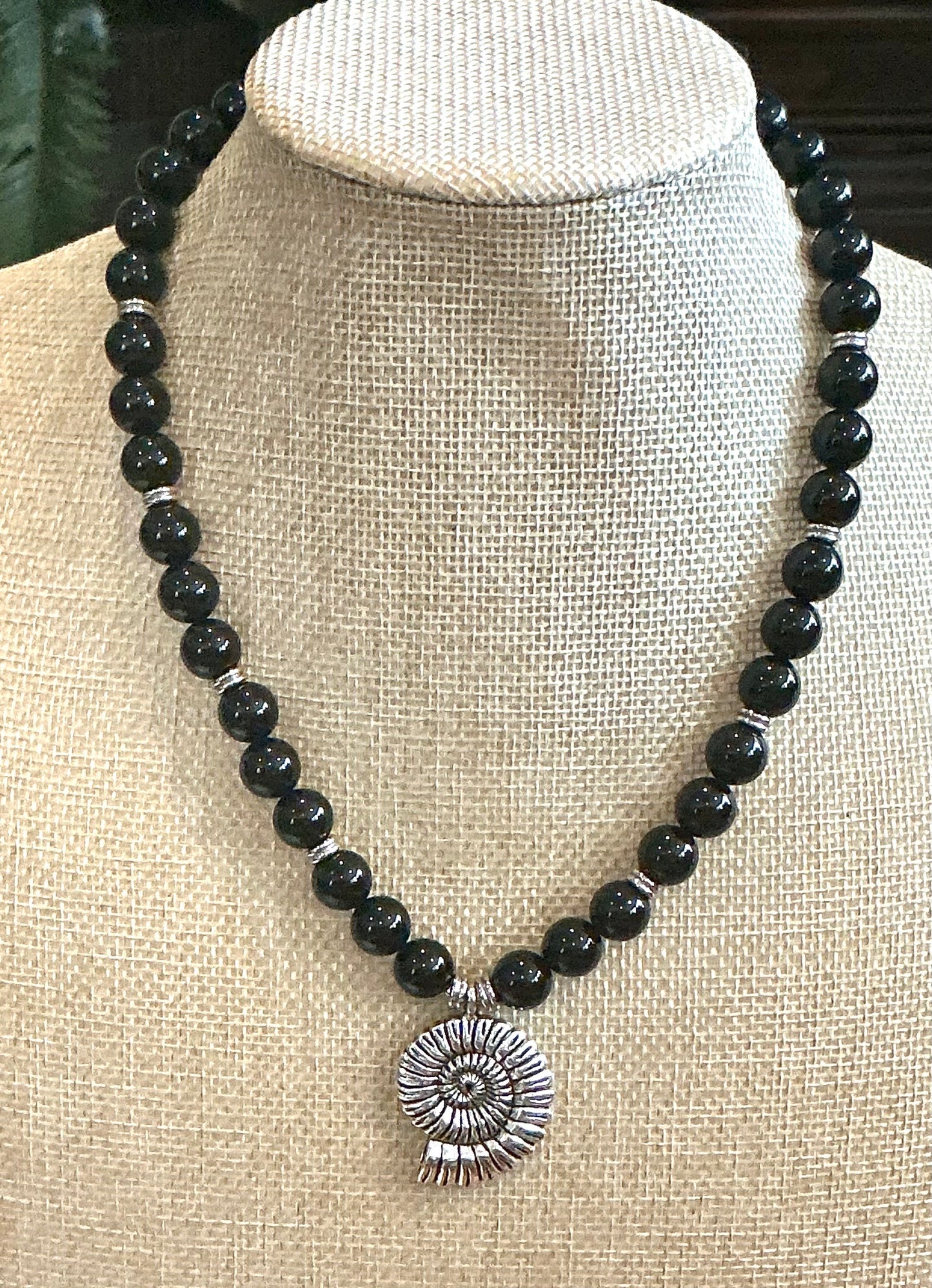 Obsidian Beaded Necklace with Nautilus Pendant