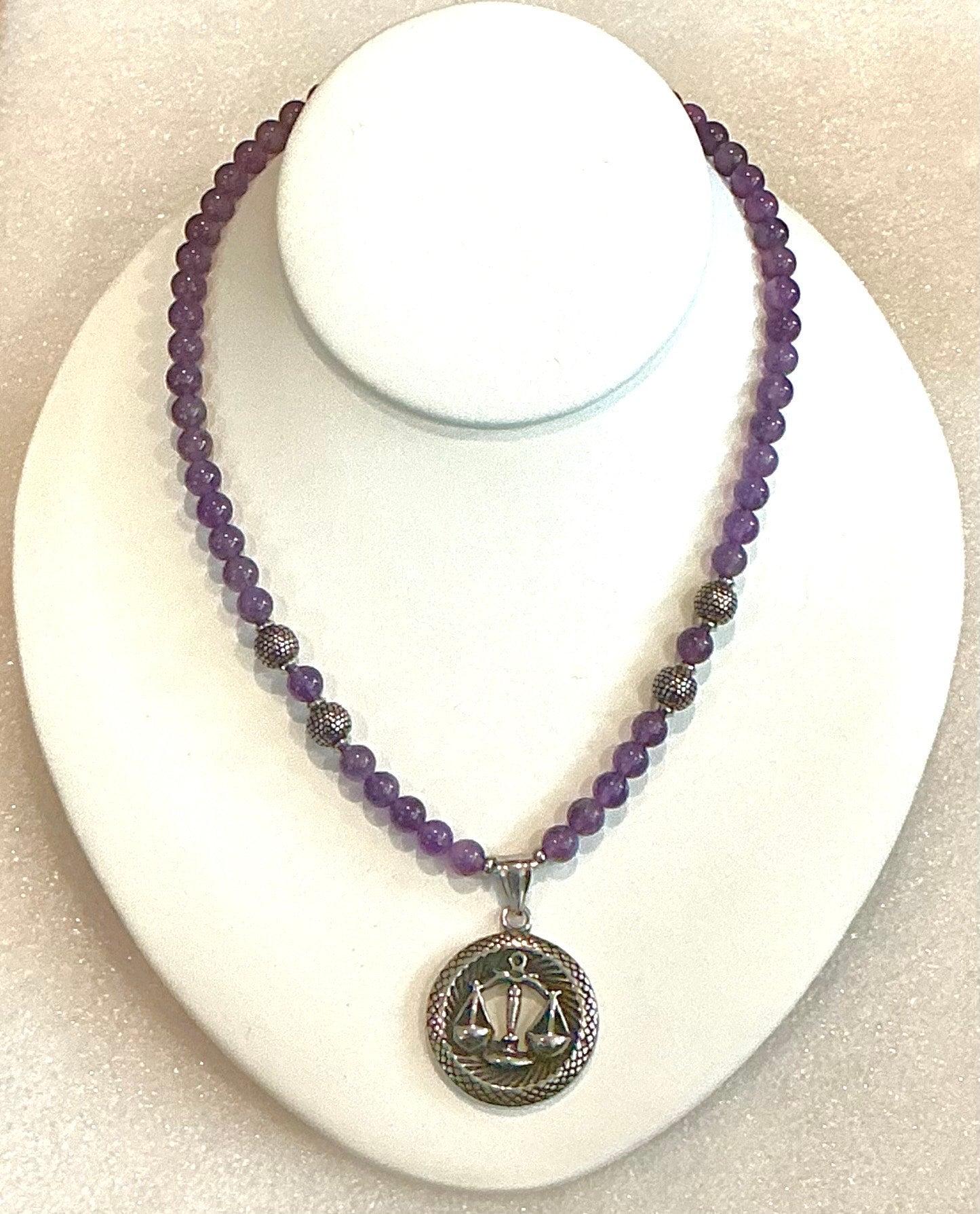 Amethyst Beaded Necklace with Libra Pendant