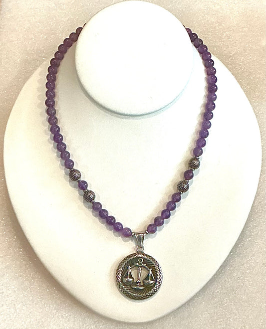 Amethyst Beaded Necklace with Libra Pendant