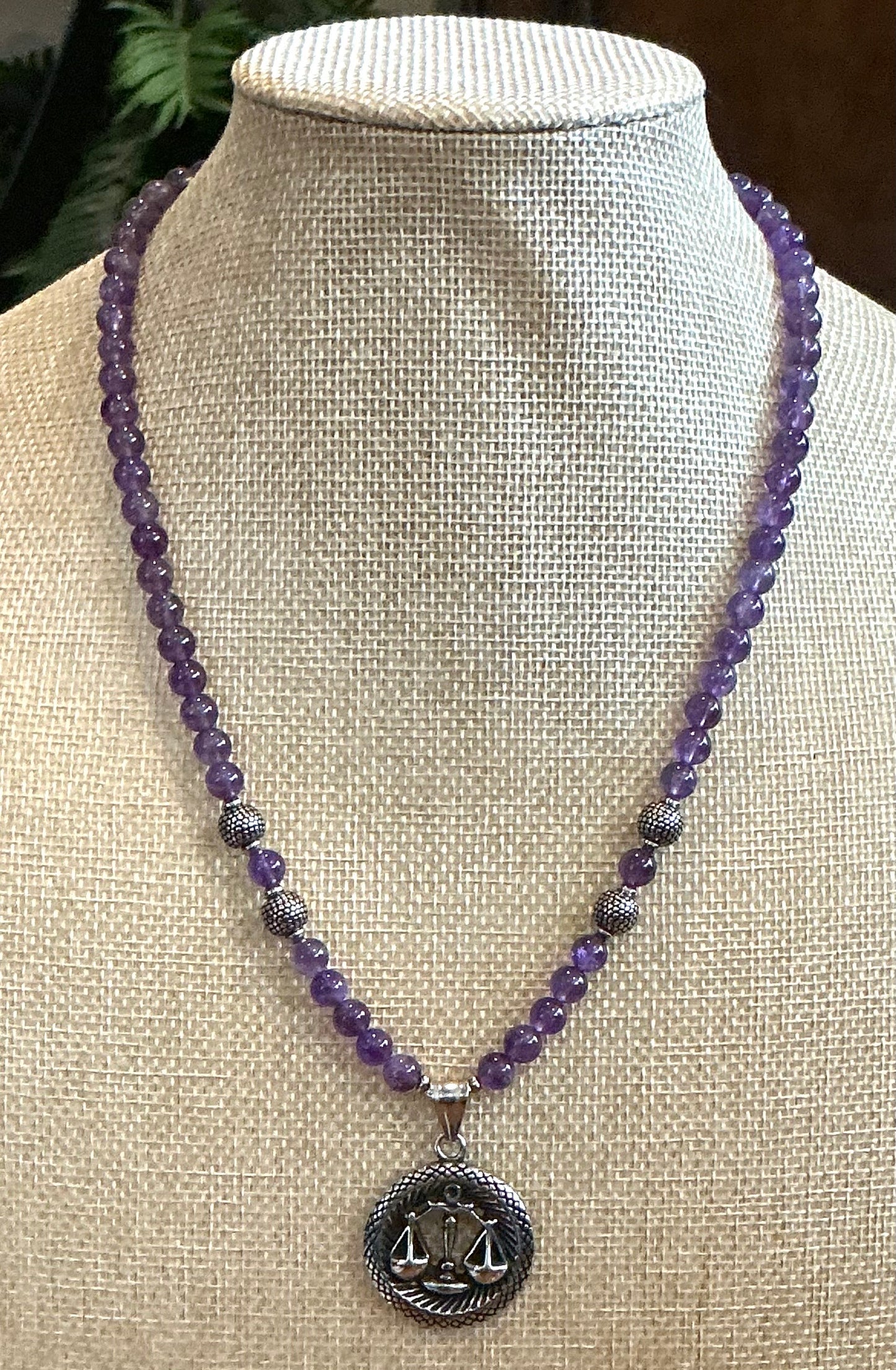 Amethyst Beaded Necklace with Libra Pendant