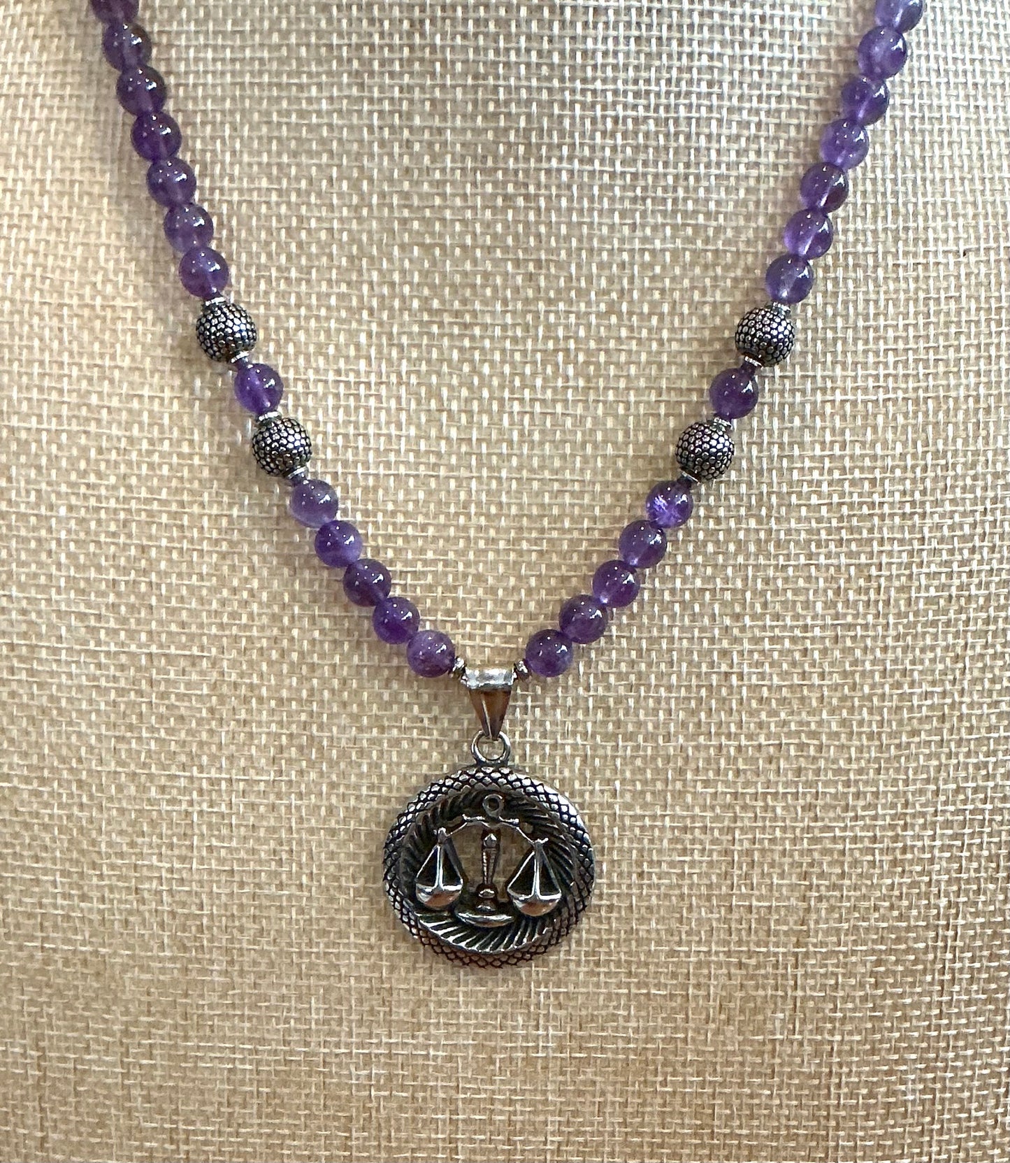 Amethyst Beaded Necklace with Libra Pendant