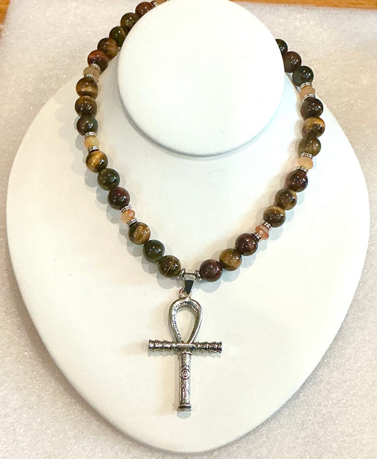Triple Tiger’s Eye Ankh Necklace — Handmade Power & Protection