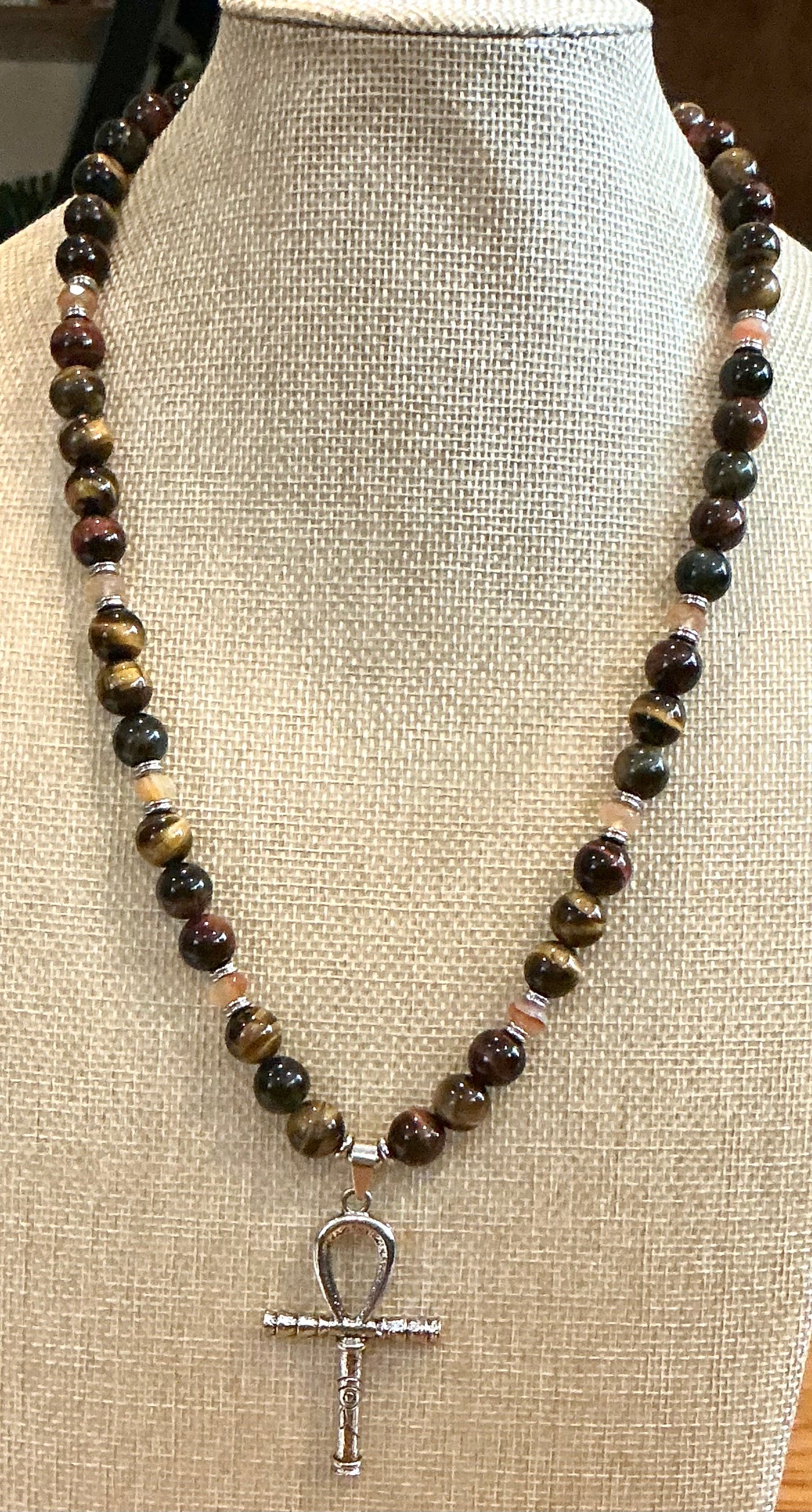 Triple Tiger’s Eye Ankh Necklace — Handmade Power & Protection