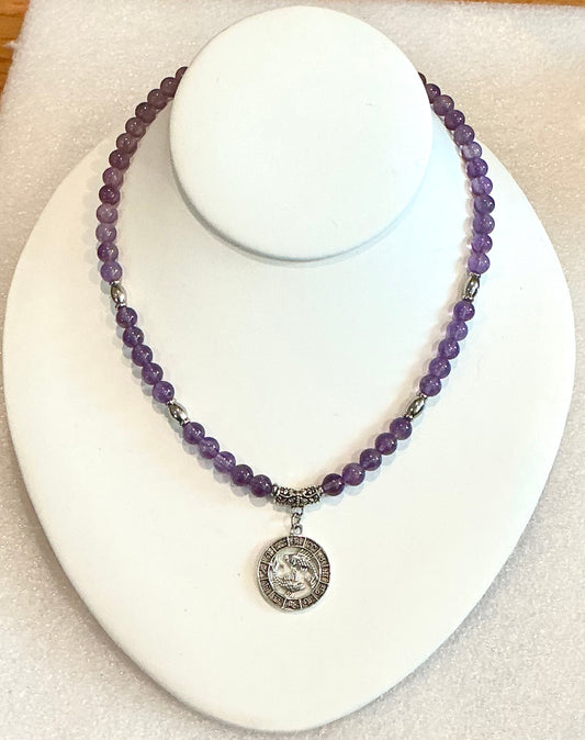 Amethyst Beaded Necklace with Pisces Pendant