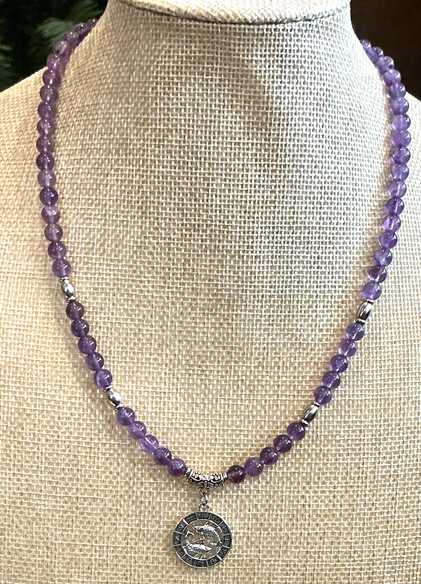 Amethyst Beaded Necklace with Pisces Pendant