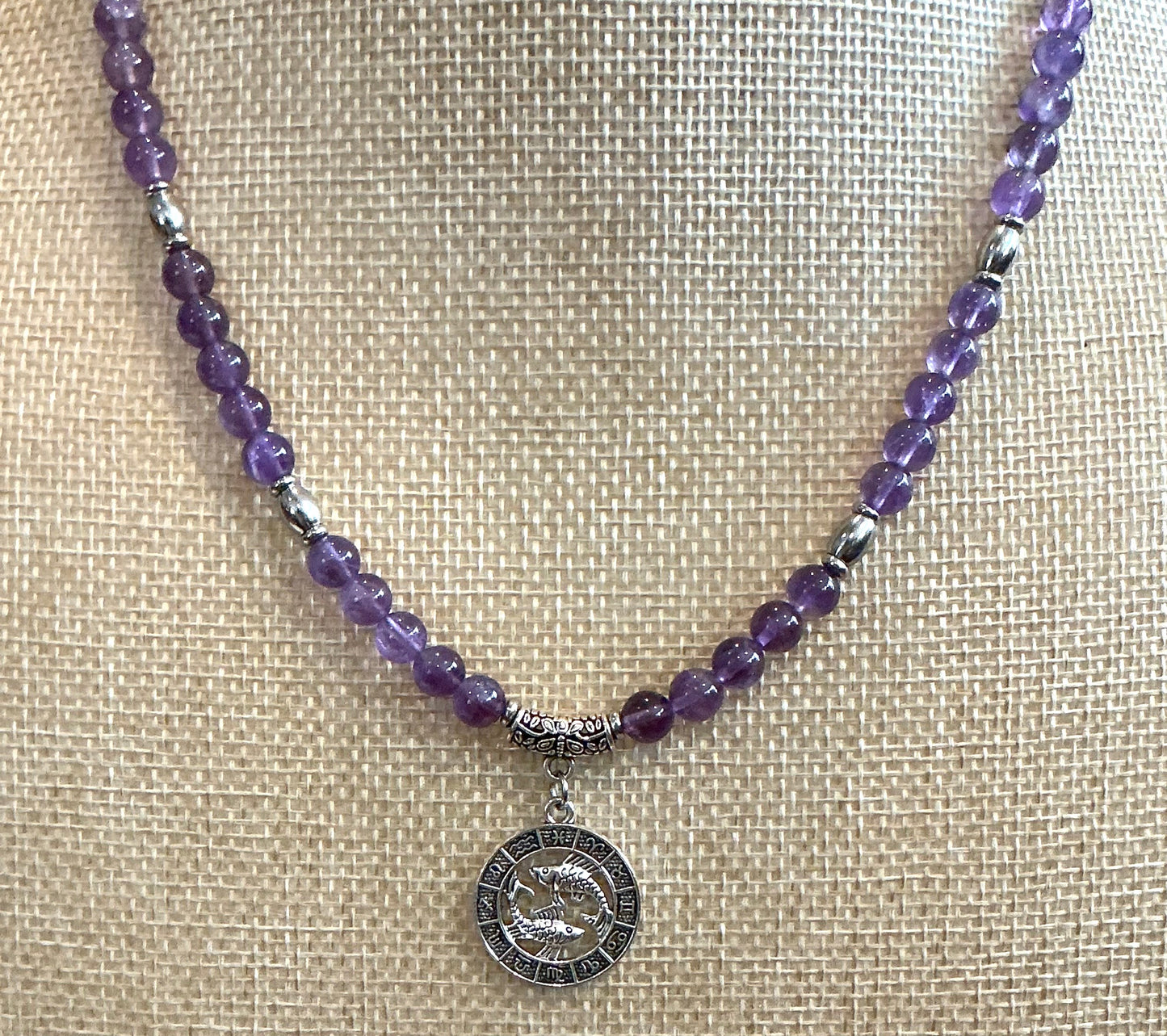 Amethyst Beaded Necklace with Pisces Pendant