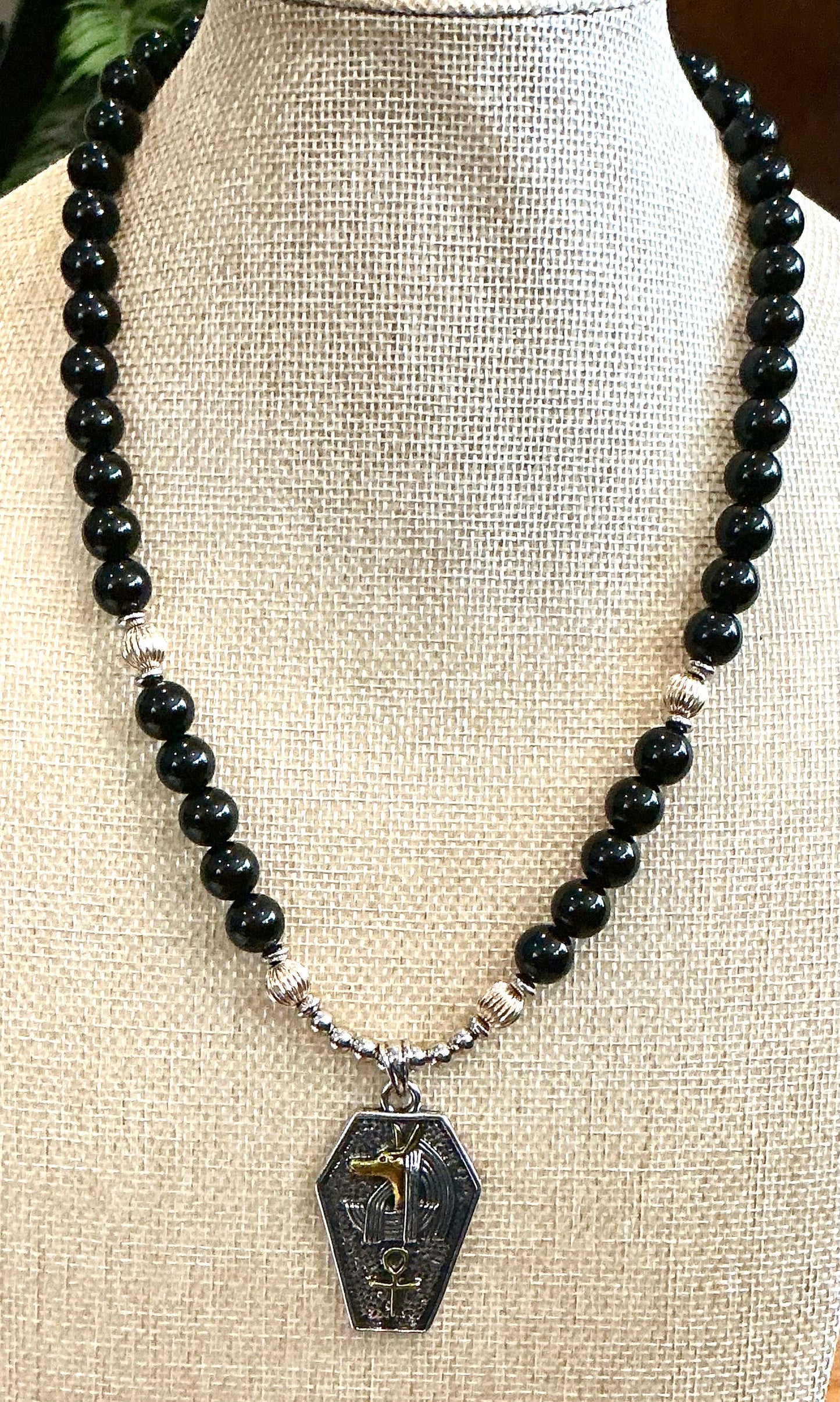 Obsidian With Gold Filled Beads Anpu Necklace Pendant 22"