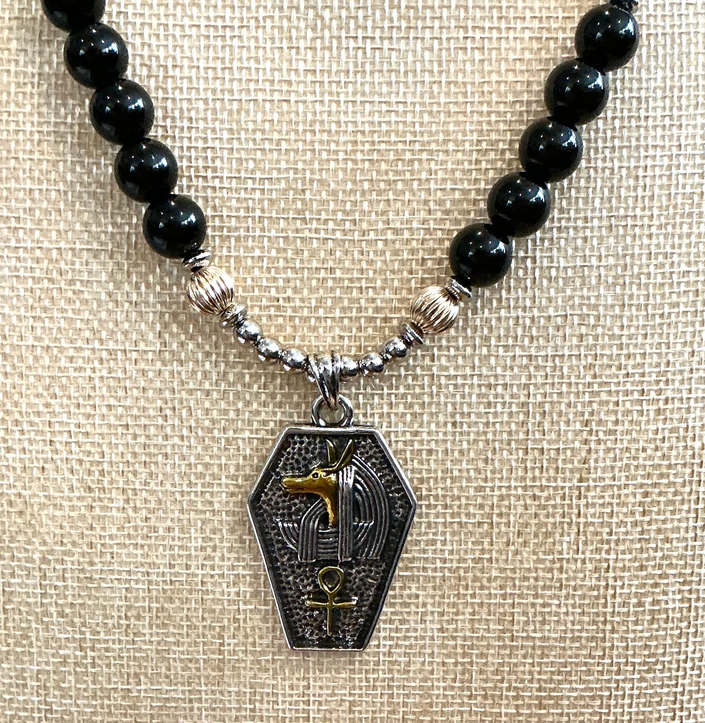 Obsidian With Gold Filled Beads Anpu Necklace Pendant 22"