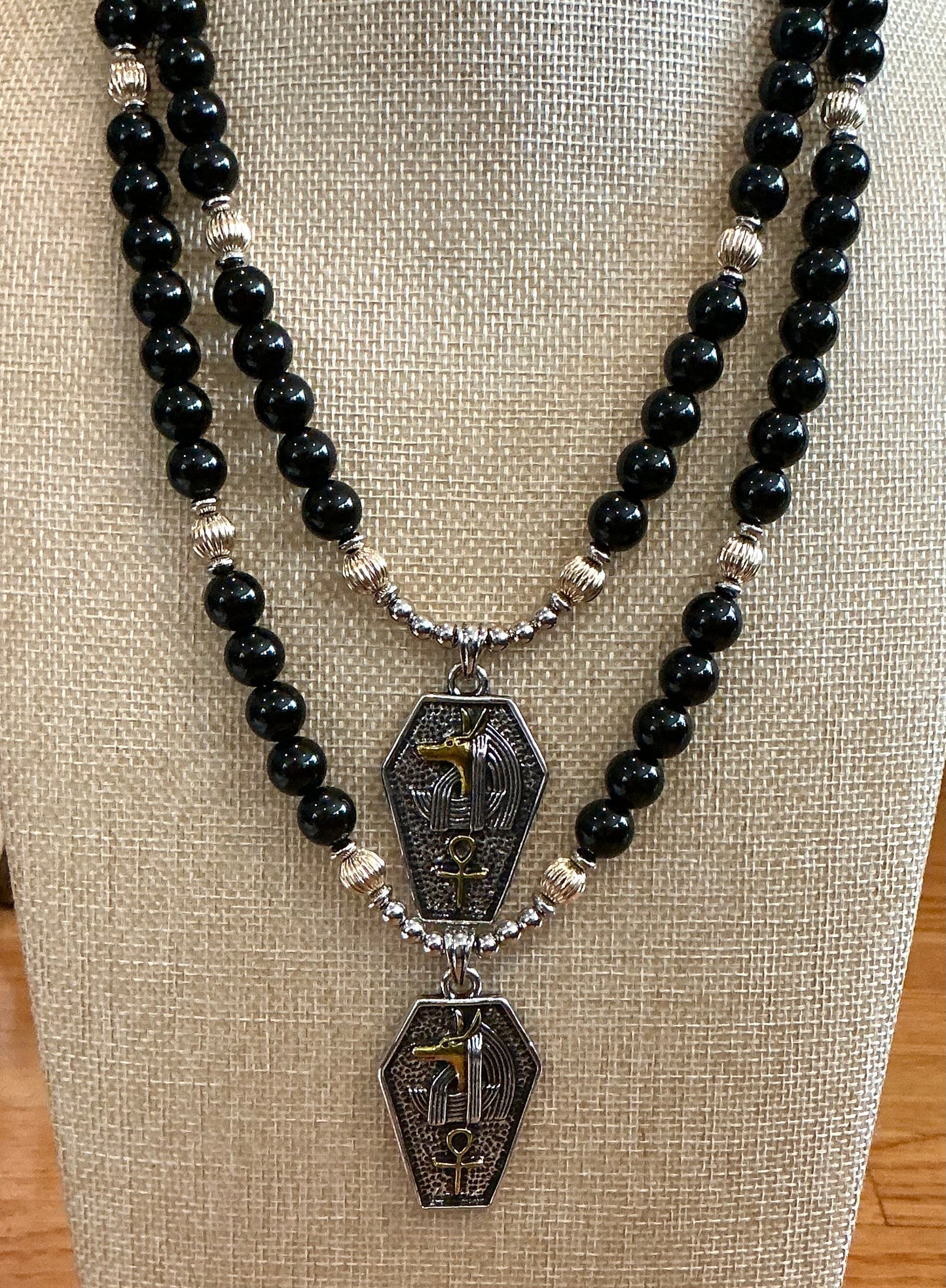 Obsidian With Gold Filled Beads Anpu Necklace Pendant 22"