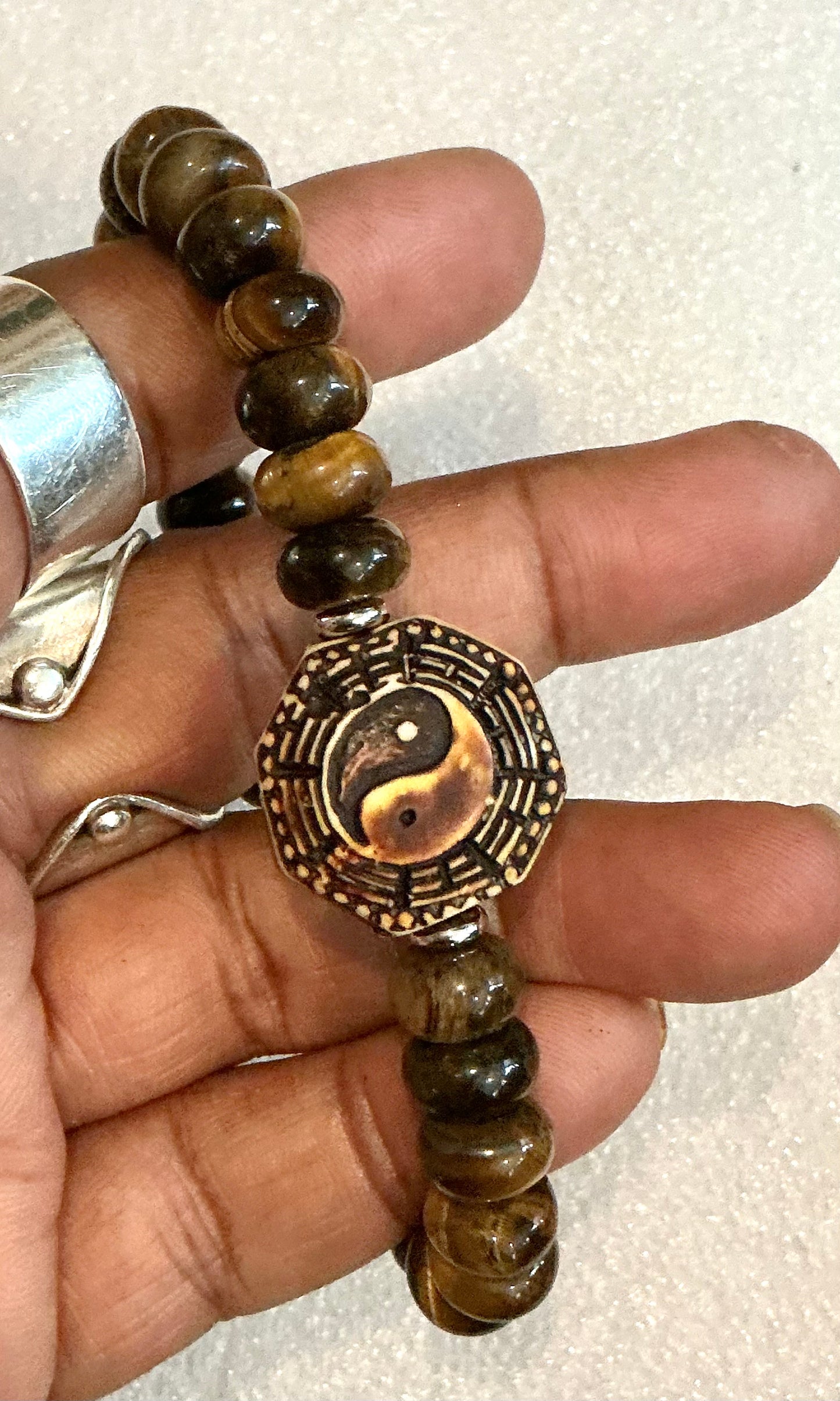 Tiger’s Eye Bracelet with Carved Bone Yin Yang