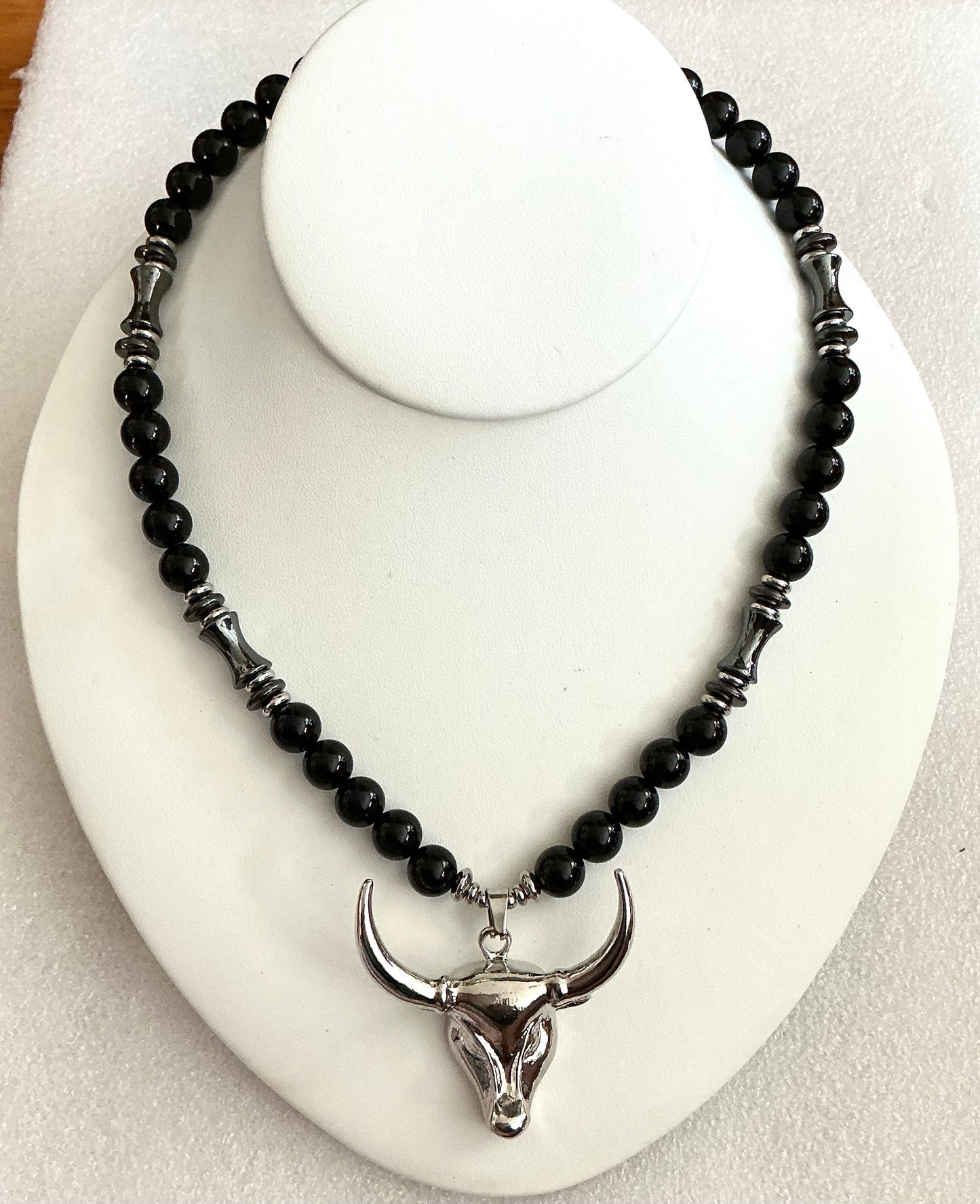 Obsidian & Hematite Beaded Necklace with Bull Pendant 22"– Handmade Protection Jewelry