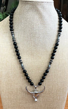 Obsidian & Hematite Beaded Necklace with Bull Pendant 22"– Handmade Protection Jewelry