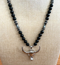 Obsidian & Hematite Beaded Necklace with Bull Pendant 22"– Handmade Protection Jewelry