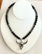 Obsidian & Hematite Beaded Necklace with Bull Pendant 25" – Handmade Protection Jewelry