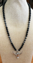 Obsidian & Hematite Beaded Necklace with Bull Pendant 25" – Handmade Protection Jewelry