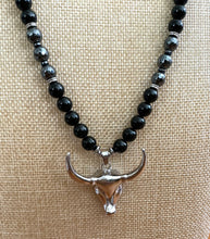 Obsidian & Hematite Beaded Necklace with Bull Pendant 25" – Handmade Protection Jewelry