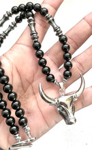Obsidian & Hematite Beaded Necklace with Bull Pendant 22"– Handmade Protection Jewelry