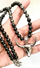 Obsidian & Hematite Beaded Necklace with Bull Pendant 25" – Handmade Protection Jewelry