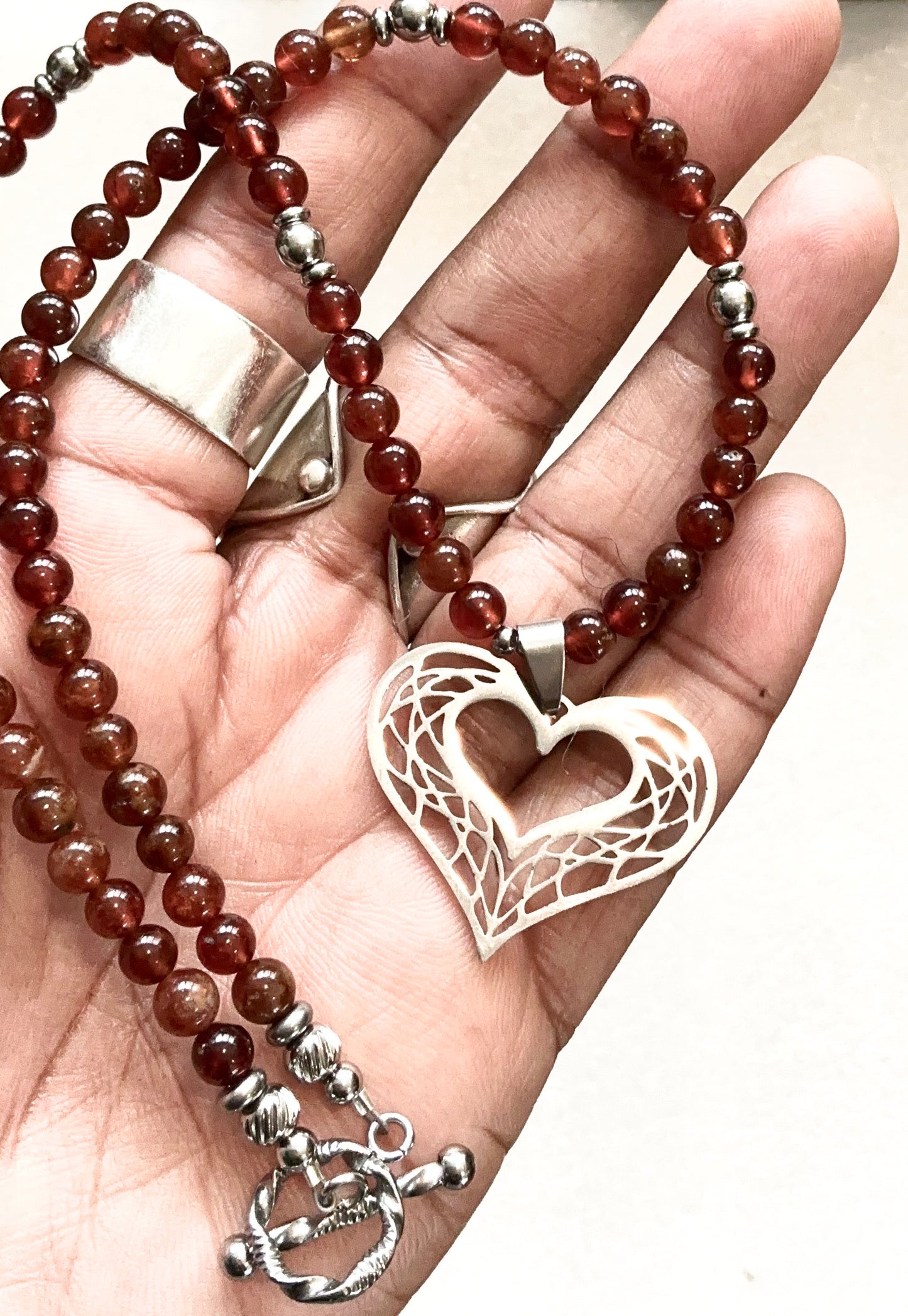 Hessonite Garnet Necklace with Heart Pendant