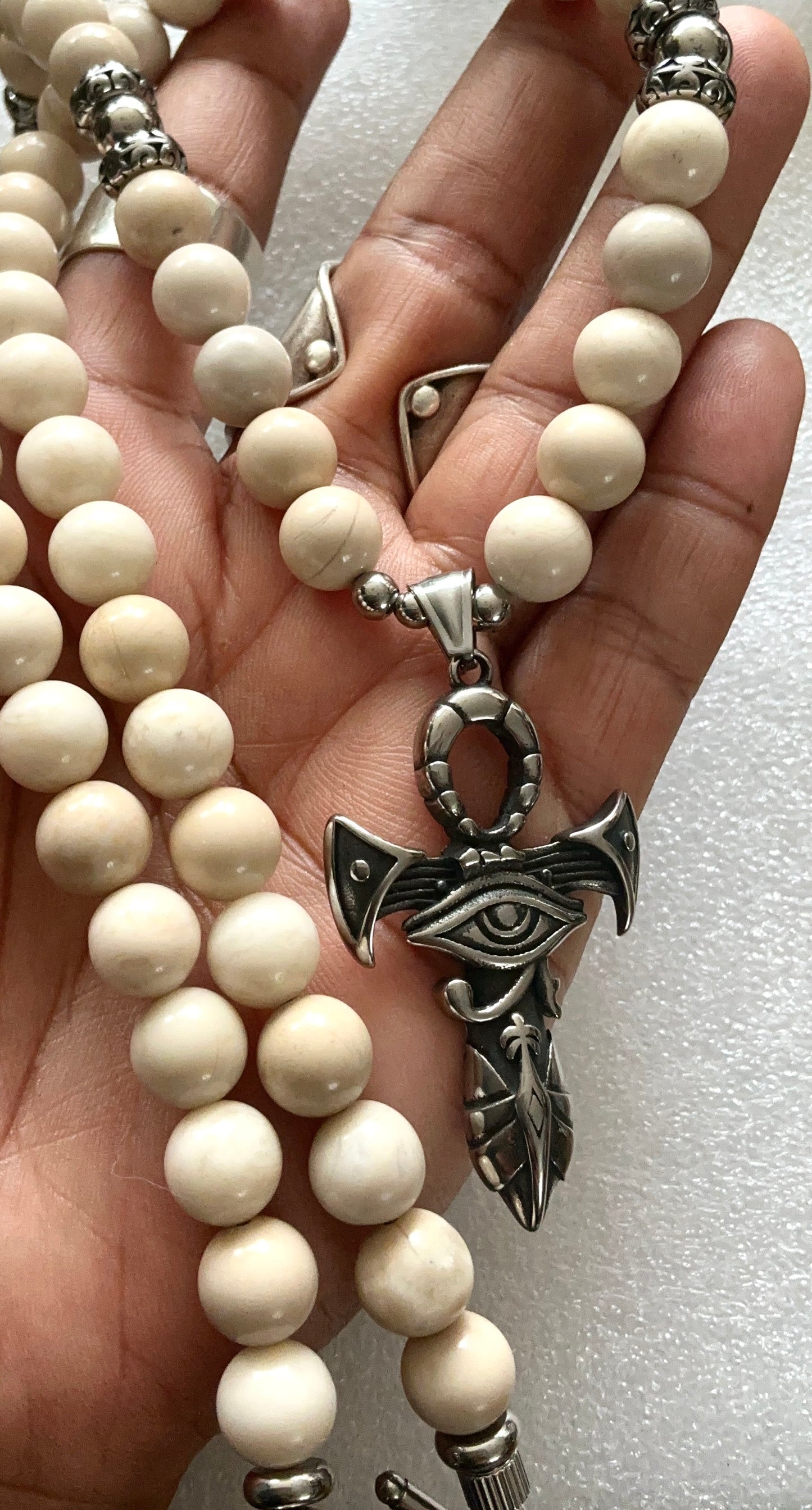 Handmade Fossil Jasper Necklace with Ankh Pendant