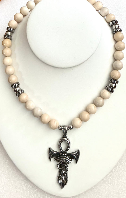 Handmade Fossil Jasper Necklace with Ankh Pendant