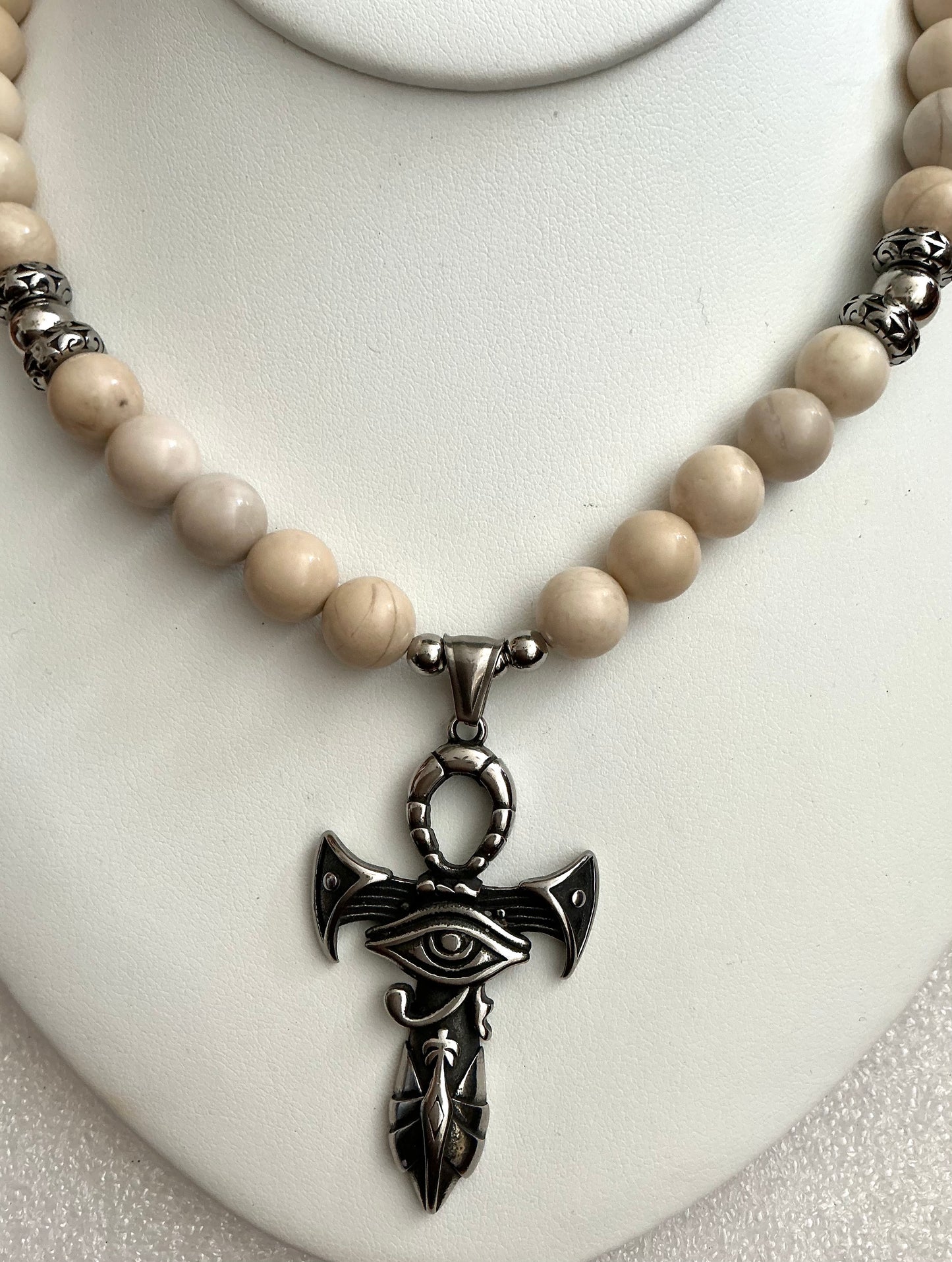 Handmade Fossil Jasper Necklace with Ankh Pendant